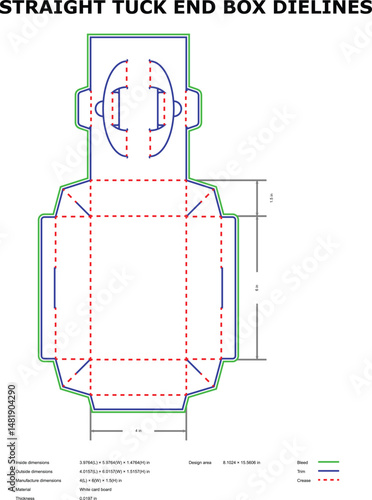 Detailed straight tuck end box dieline template for packaging design and production