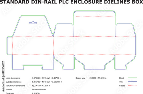 Standard din rail plc enclosure box dieline template blueprint design for packaging purposes