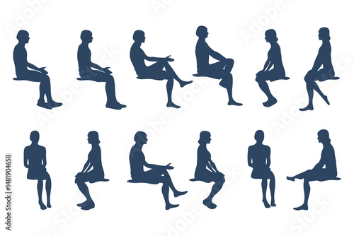 Minimalist Silhouette Set of Seated Human Figures. Minimalist Style, Casual Poses, with Varied Views and body types. Vector Illustration