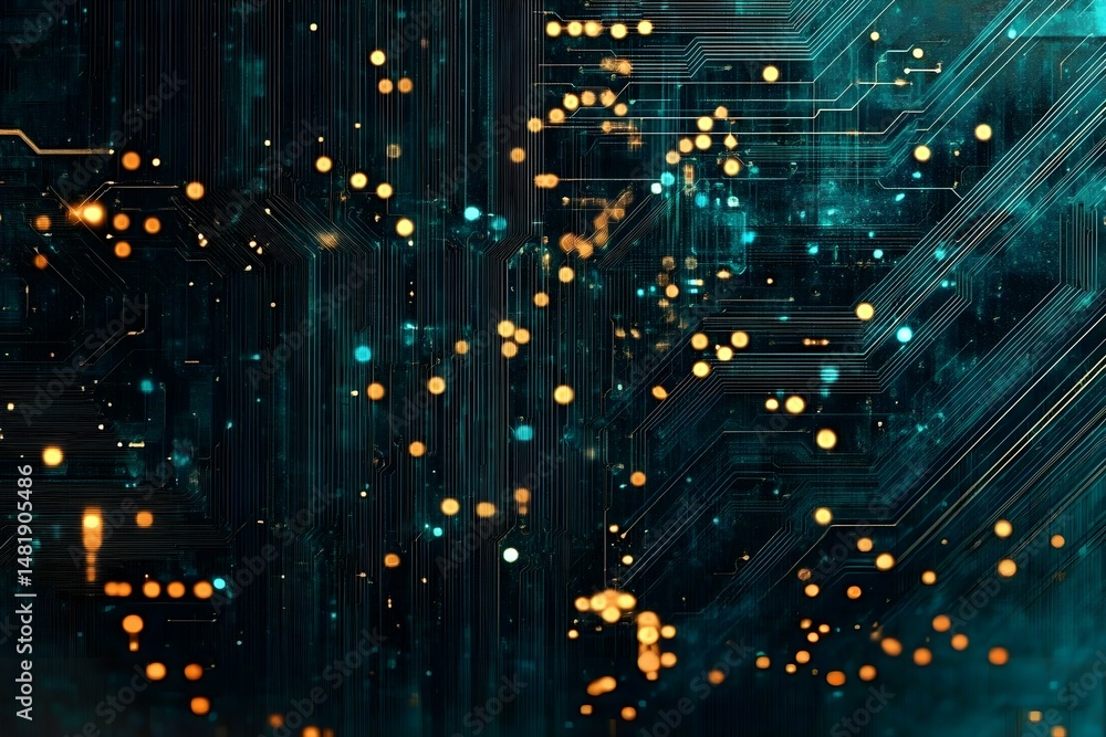 Obraz premium Circuit Board Glows Teal and Amber in Abstract Artwork for Futuristic and High-Tech Aesthetic
