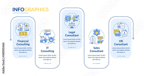 Business consulting services rectangle infographic vector. Justice system, cybersecurity. Data visualization with 5 steps. Editable rectangular options chart. Lato-Bold, Regular fonts used