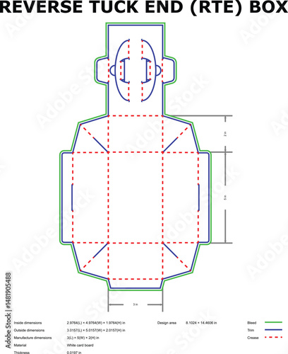 Flat pack reverse tuck end box design template dimensions and specifications illustration