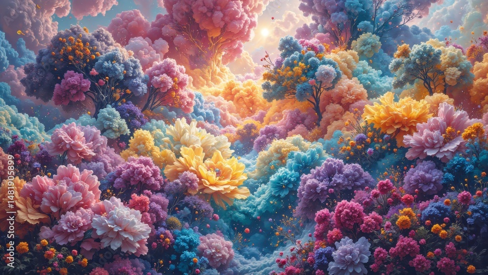 Naklejka premium Vibrant floral explosion enchanted garden digital art fantasy environment aerial view nature's beauty