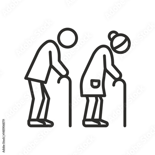 pension old people icon, elderly persons, old man and woman, grandparents, thin line vector illustration