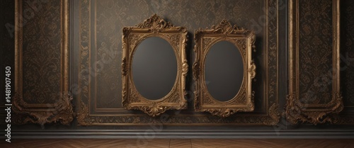 Elegant damask backdrop showcases antique frames, diverse shapes & sizes ,  object,  detail,  image