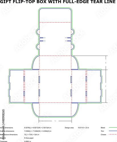 Vector blueprint template of a gift flip top box with a full edge tear line for packaging