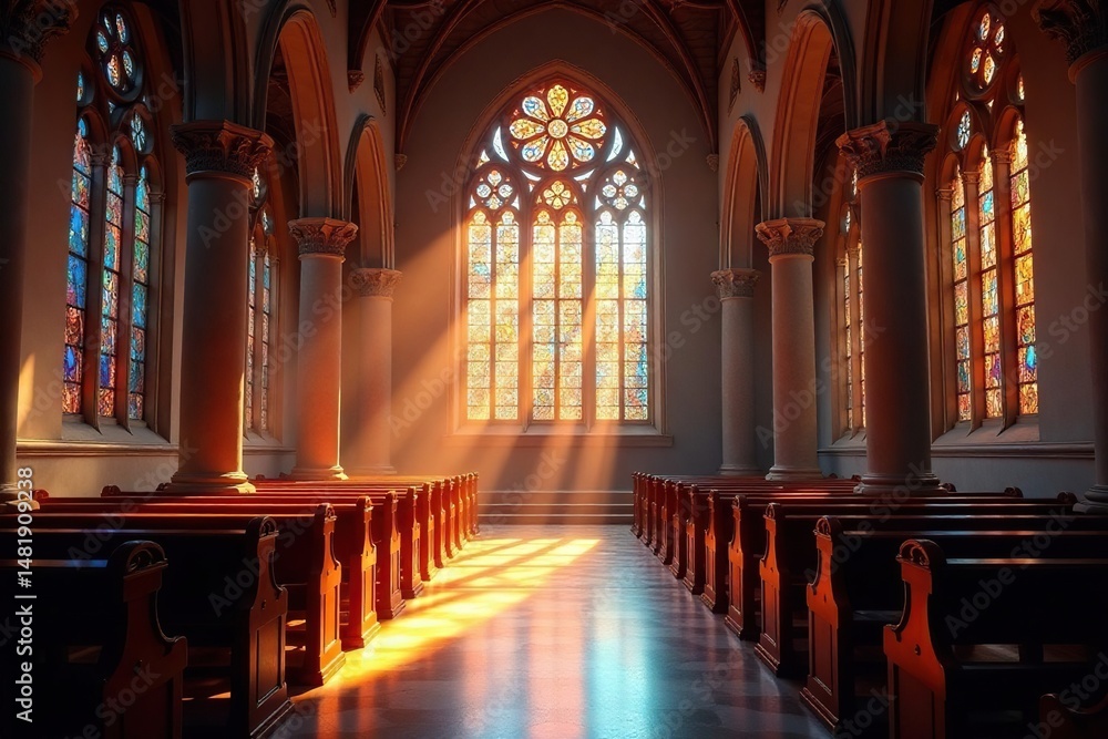 Fototapeta premium Tranquil church interior, sunlight streaming through stained glass windows , divine, calm, church