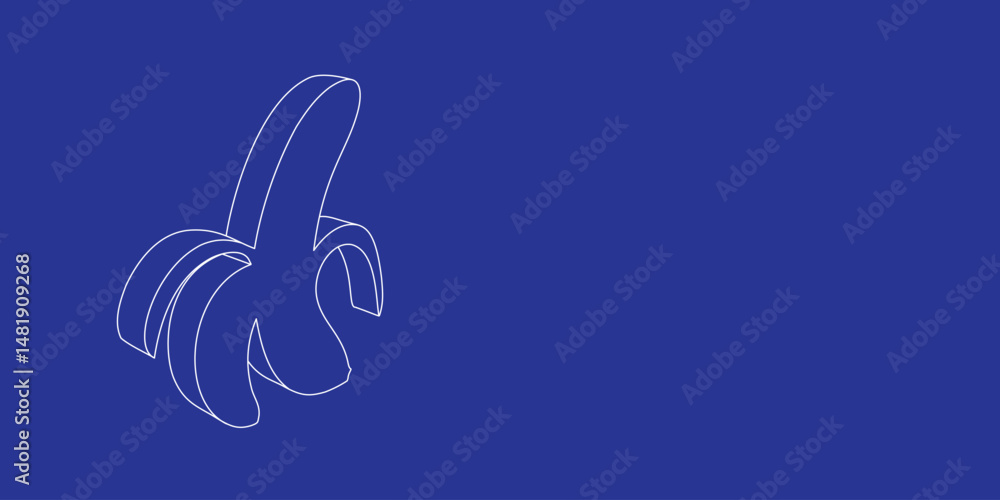 Fototapeta premium The outline of a large peeled banana symbol made of white lines on the left. 3D view of the object in perspective. Vector illustration on indigo background