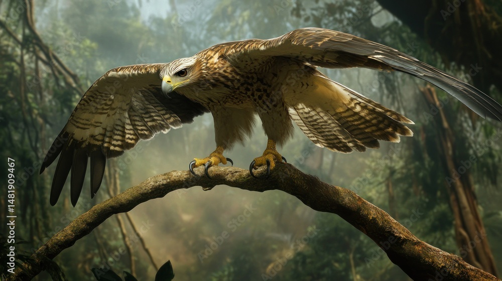 Fototapeta premium A Javan Hawk Eagle is balancing on a thin branch, ready to take flight. background wallpaper AI generated image