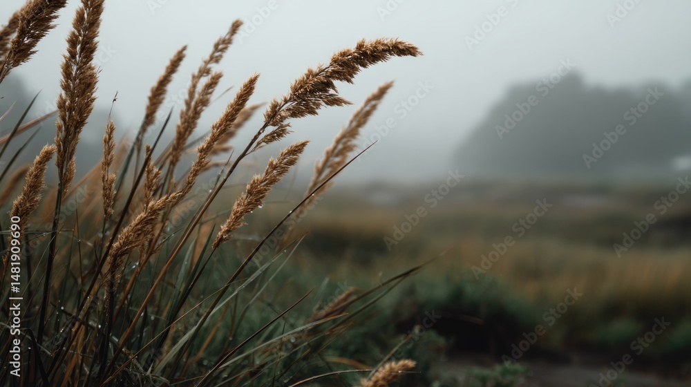 Obraz premium Misty Meadow: Golden Grasses in a Serene, Autumnal Landscape