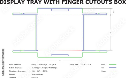Detailed diagram of a display tray with finger cutouts box and its dimensions