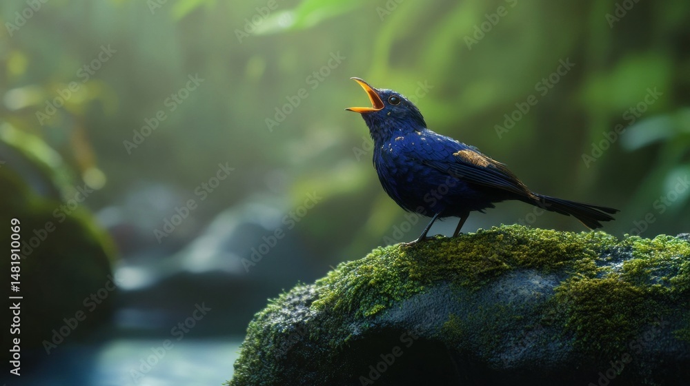 Fototapeta premium A stunning beautiful Whistling Thrush singing on a mossy rock. background wallpaper AI generated image