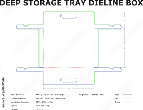 Detailed dieline template for a deep storage tray box with precise measurements and specifications
