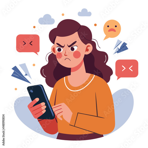 Angry woman online, texting hate comment on mobile phone. Aggressive person with smartphone, chatting in social media, internet conflict. Flat vector illustration isolated on white background 