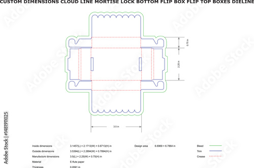 Detailed vector dieline template for a cloud shaped flip top box with measurements