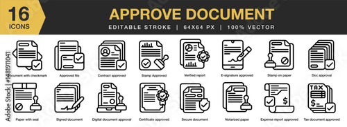 Approved Document icon set. Editable Stroke Icon Collection. Includes document, business, check, approval, approve, agreement, and More. Outline icons vector collection.