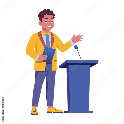 A flat style illustration of presenter speaking with mic