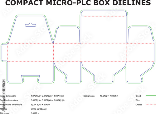 Vector die-cut template for a compact micro-plc packaging box with dimensions and specifications