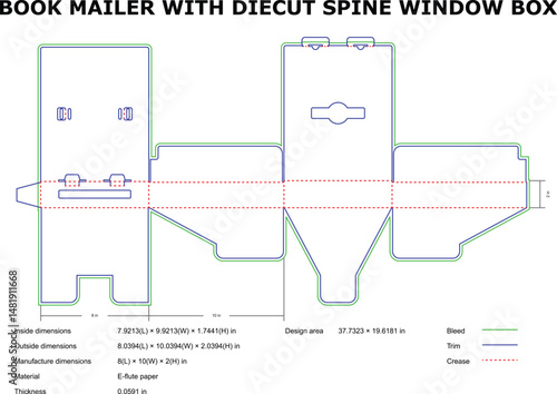 Detailed diagram of a book mailer with die cut spine and window box design