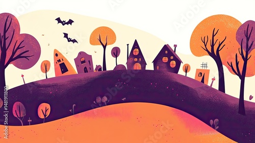Spooky autumnal village nestled on a rolling hill.
