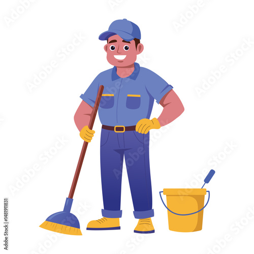 A flat style illustration of janitor cleaning with broom