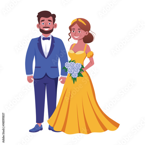Flat style illustration depicting a newlywed couple