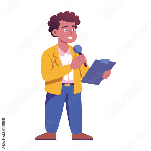 A flat style illustration of journalist holding microphone