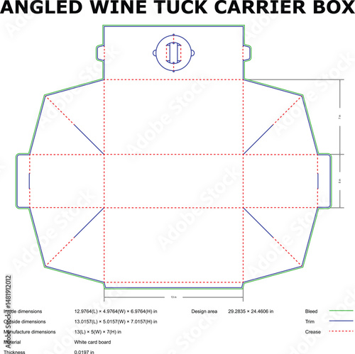 Detailed template of angled wine tuck carrier box with measurements and dimensions for design