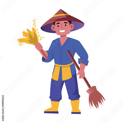 Flat illustration showing agriculturist holding crops in hands