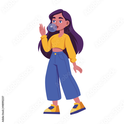 A flat style illustration of person blowing gum bubble