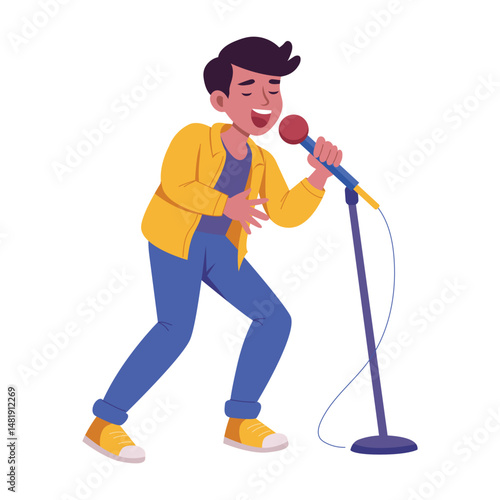 Flat style illustration showing singer performing on stage