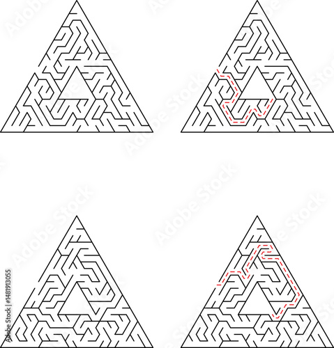 Triangular mazes featuring solved and unsolved paths with problem-solving and puzzle themes