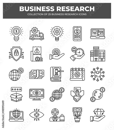 Collection of 25 Business Research Icons: Visualizing Market Trends and Strategies