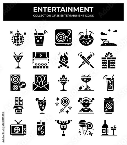 Collection of 25 Entertainment Icons. Party. Summer. and Fun Activities