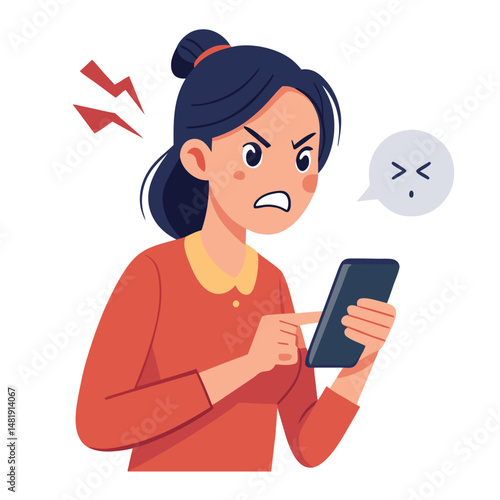 Angry woman online, texting hate comment on mobile phone. Aggressive person with smartphone, chatting in social media, internet conflict. Flat vector illustration isolated on white background 