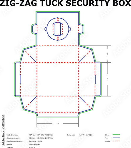 Detailed blueprint of a zig zag tuck security box with dimensions and cutting instructions