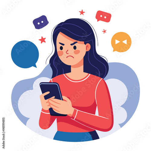 Angry woman online, texting hate comment on mobile phone. Aggressive person with smartphone, chatting in social media, internet conflict. Flat vector illustration isolated on white background 