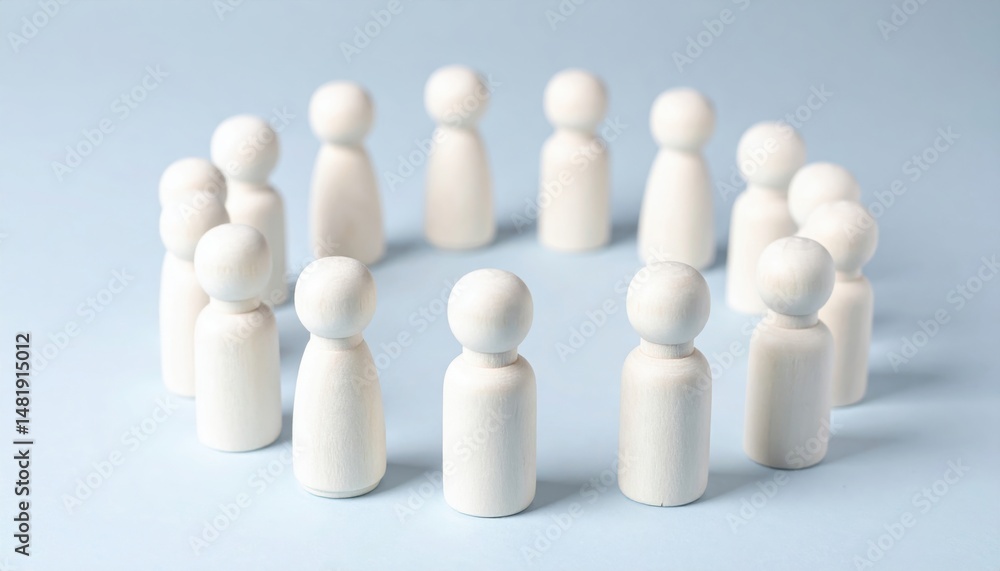 Group discussion on conflict resolution among wooden figures in a circular arrangement on a light blue background Group discussion on conflict resolution among wooden figures in a circular arrangement on a light blue background