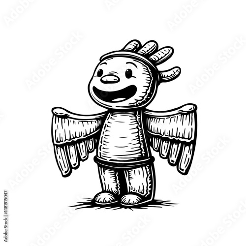 Whimsical Hand-Drawn Character with Outstretched Wings and Friendly Expression