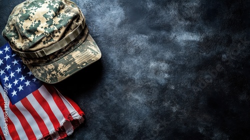Military camouflage hat and worn american flag on dark background
