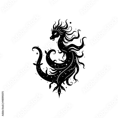 Celestial Serpent: A cosmic dragon of dark elegance against a pure backdrop