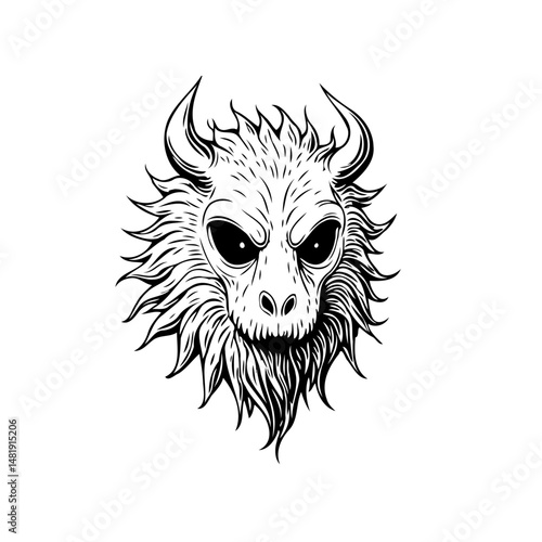 Intricate monochrome illustration of a horned mythical creature's head design