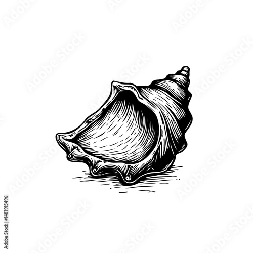 Detailed engraving of a conch shell specimen, displaying intricate line work