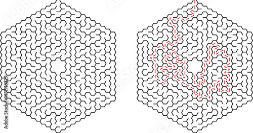 Two hexagon mazes one solved with red path showing concept of problem solving and solutions
