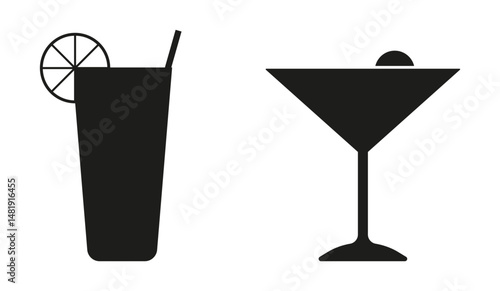 Cocktail set, cocktail icons in silhouette style. Drinks in glasses. Vector illustration EPS10