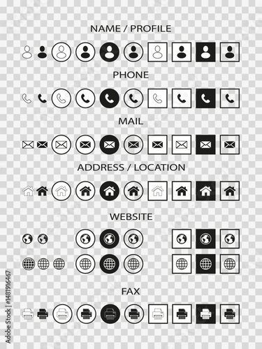 Icons are associated with contact information. Business card. Name, phone, place, location, mail, website. EPS10 vector illustration