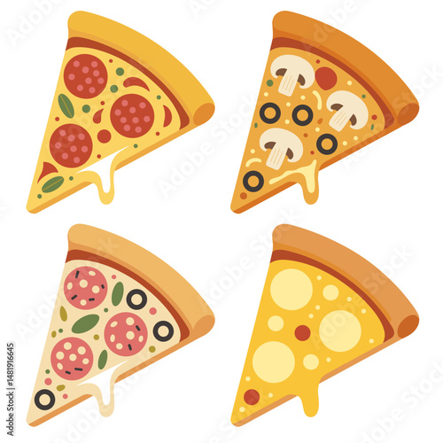 Set of Vector Pizza Slices with Different Toppings