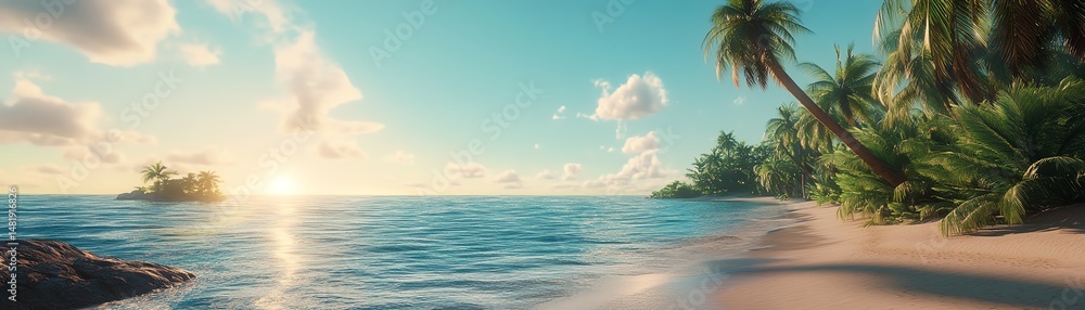 Obraz premium Beautiful beach at sunset with palm trees.