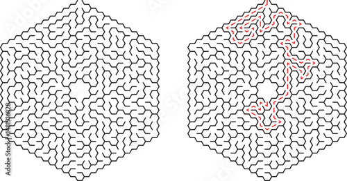 Hexagonal maze with pathfinding solution depicting complex challenges and problem solving