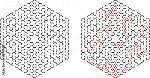 Complex hexagonal maze with path highlighted in red demonstrating solution strategy